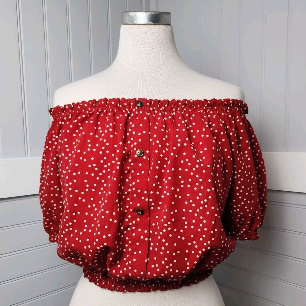 Papaya Off The Shoulder Crop Top Red/White Polka Dots Womens L Puff Sleeve USA